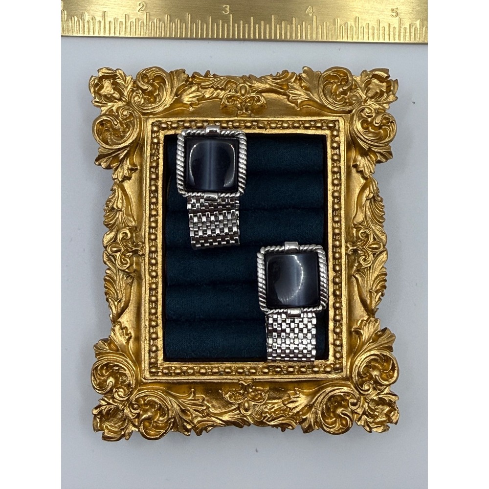 Swank Mesh Wrap Cufflinks OS Black Stone Silver Tone Vintage MCM Formal Dapper
